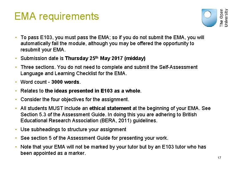 EMA requirements • To pass E 103, you must pass the EMA; so if