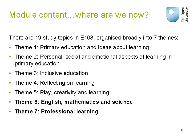 Module content…where are we now? There are 19 study topics in E 103, organised