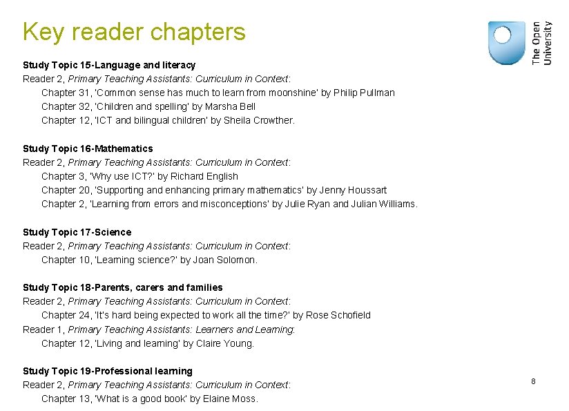 Key reader chapters Study Topic 15 -Language and literacy Reader 2, Primary Teaching Assistants: