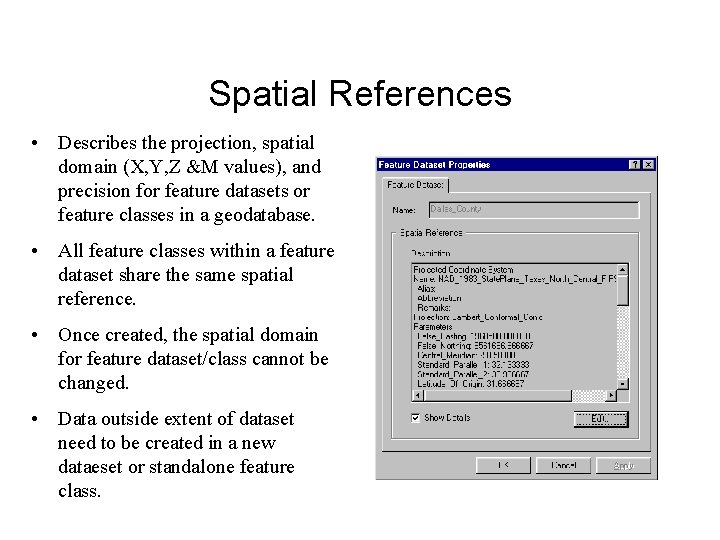 Spatial References • Describes the projection, spatial domain (X, Y, Z &M values), and