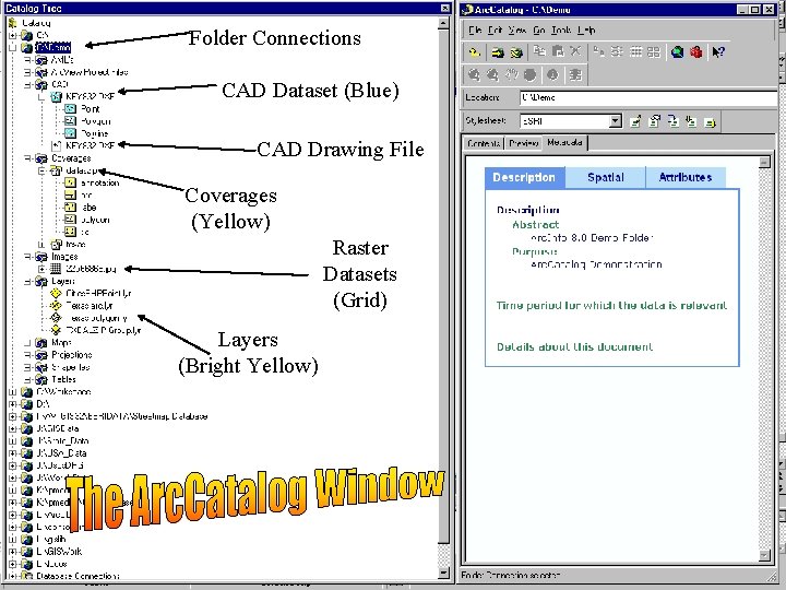 Folder Connections CAD Dataset (Blue) CAD Drawing File Coverages (Yellow) Raster Datasets (Grid) Layers