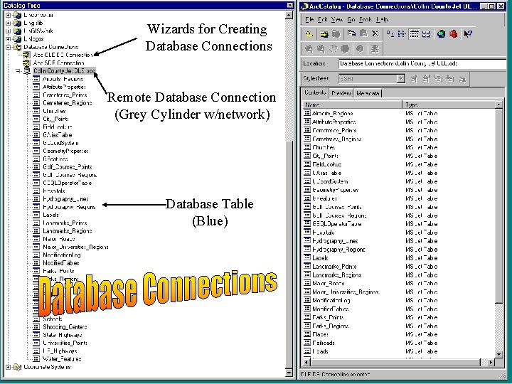 Wizards for Creating Database Connections Remote Database Connection (Grey Cylinder w/network) Database Table (Blue)