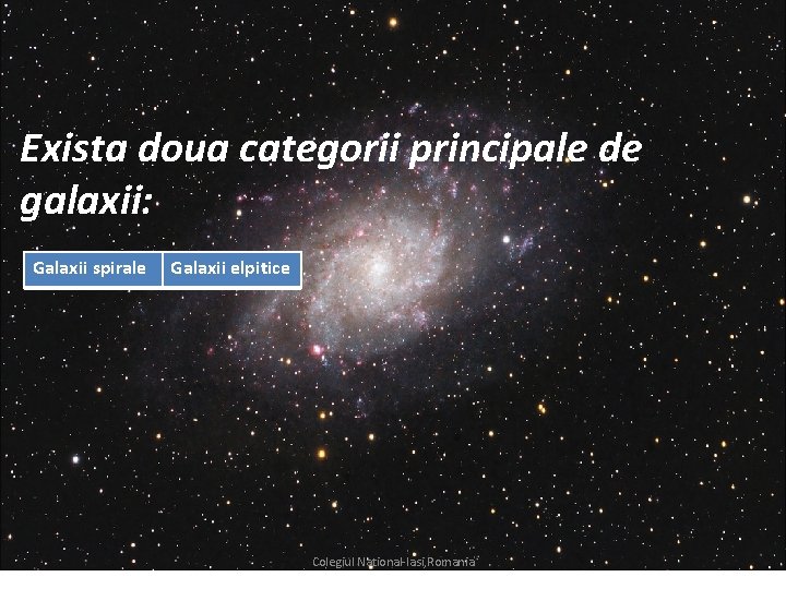 Exista doua categorii principale de galaxii: Galaxii spirale Galaxii elpitice Colegiul National-Iasi, Romania 