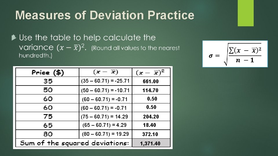 Measures of Deviation Practice (35 – 60. 71) = -25. 71 661. 00 (50
