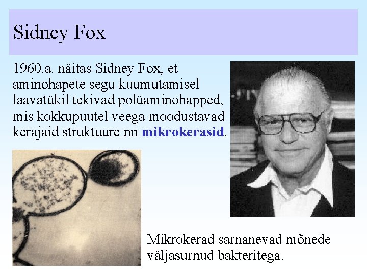 Sidney Fox 1960. a. näitas Sidney Fox, et aminohapete segu kuumutamisel laavatükil tekivad polüaminohapped,