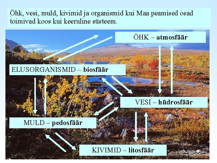 Õhk, vesi, muld, kivimid ja organismid kui Maa peamised osad toimivad koos kui keeruline