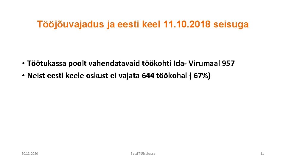 Tööjõuvajadus ja eesti keel 11. 10. 2018 seisuga • Töötukassa poolt vahendatavaid töökohti Ida-