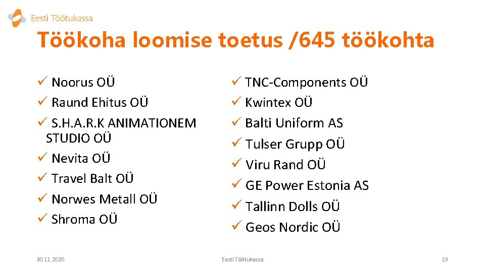 Töökoha loomise toetus /645 töökohta ü Noorus OÜ ü Raund Ehitus OÜ ü S.