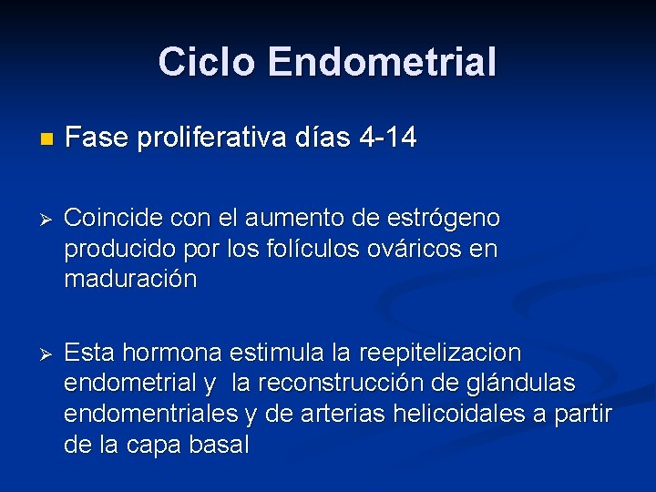 Ciclo Endometrial n Fase proliferativa días 4 -14 Ø Coincide con el aumento de