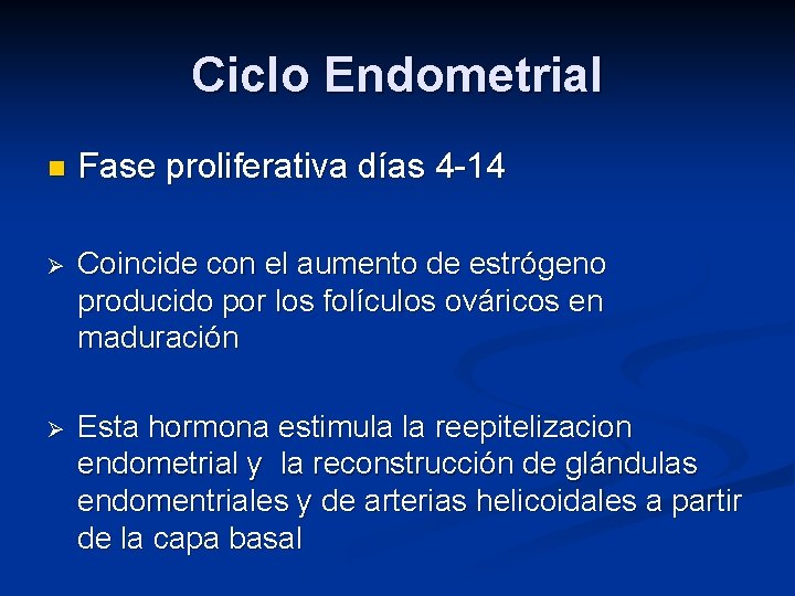 Ciclo Endometrial n Fase proliferativa días 4 -14 Ø Coincide con el aumento de
