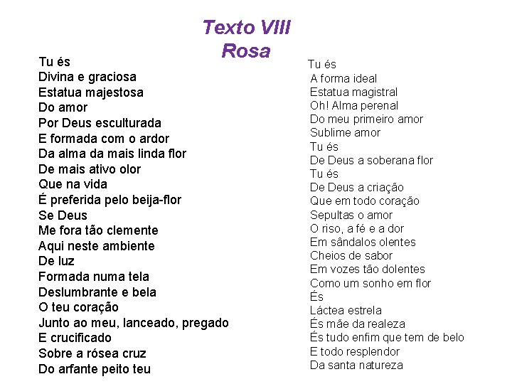 Texto VIII Rosa Tu és Divina e graciosa Estatua majestosa Do amor Por Deus