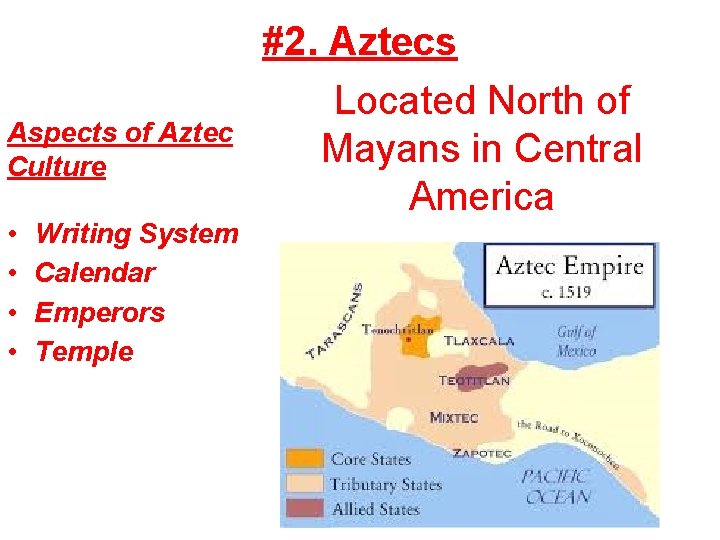 Aspects of Aztec Culture • • Writing System Calendar Emperors Temple #2. Aztecs Located