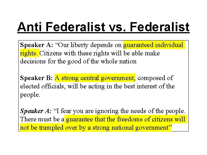 Anti Federalist vs. Federalist Speaker A: “Our liberty depends on guaranteed individual rights. Citizens