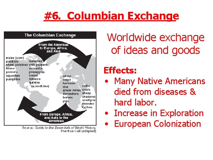 #6. Columbian Exchange Worldwide exchange of ideas and goods Effects: • Many Native Americans