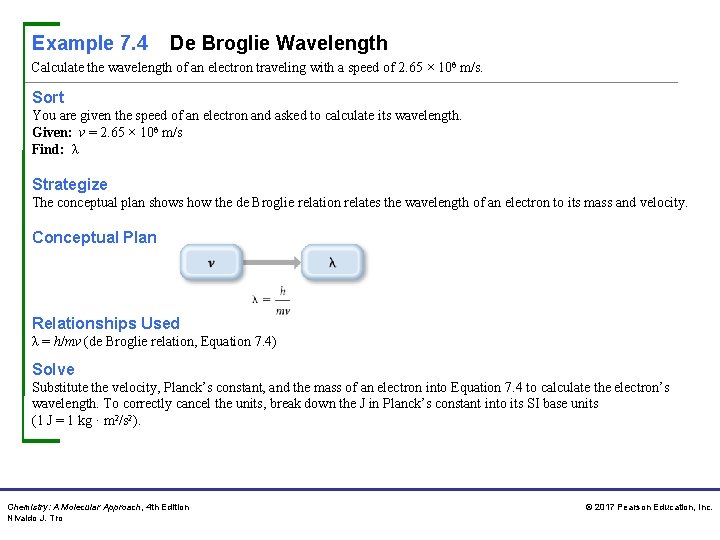 Example 7. 4 De Broglie Wavelength Calculate the wavelength of an electron traveling with