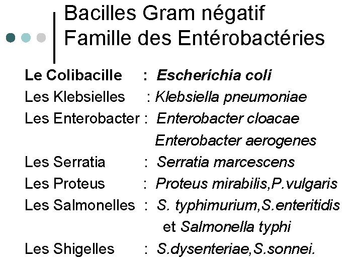 Bacilles Gram négatif Famille des Entérobactéries Le Colibacille : Escherichia coli Les Klebsielles :