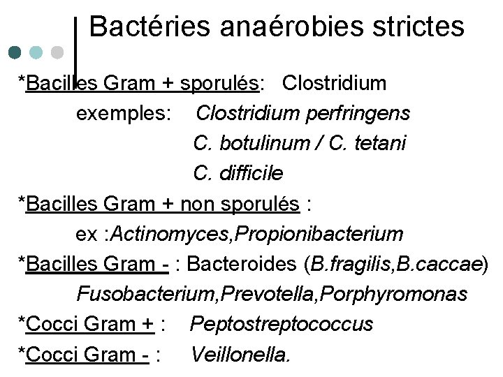 Bactéries anaérobies strictes *Bacilles Gram + sporulés: Clostridium exemples: Clostridium perfringens C. botulinum /