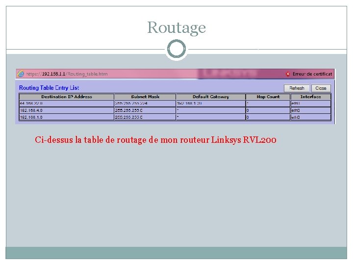 Routage Ci-dessus la table de routage de mon routeur Linksys RVL 200 Routage Ci-dessus la table de routage de mon routeur Linksys RVL 200