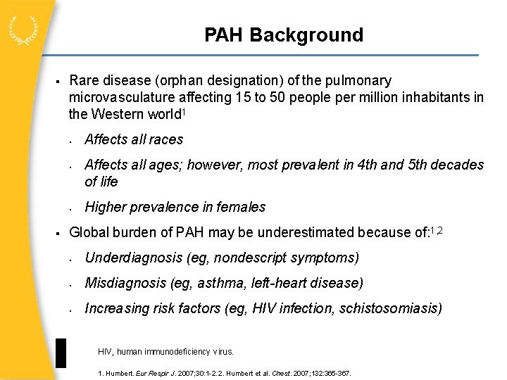 PAH Background Rare disease (orphan designation) of the pulmonary microvasculature affecting 15 to 50