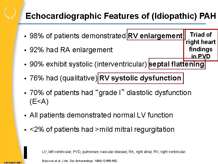 Echocardiographic Features of (Idiopathic) PAH Triad of right heart findings in PVD 98% of