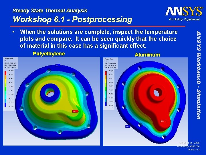 Steady State Thermal Analysis Workshop 6. 1 - Postprocessing Workshop Supplement Polyethylene Aluminum ANSYS