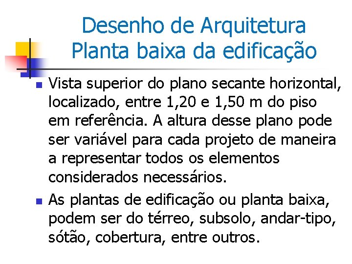 Desenho de Arquitetura Planta baixa da edificação n n Vista superior do plano secante