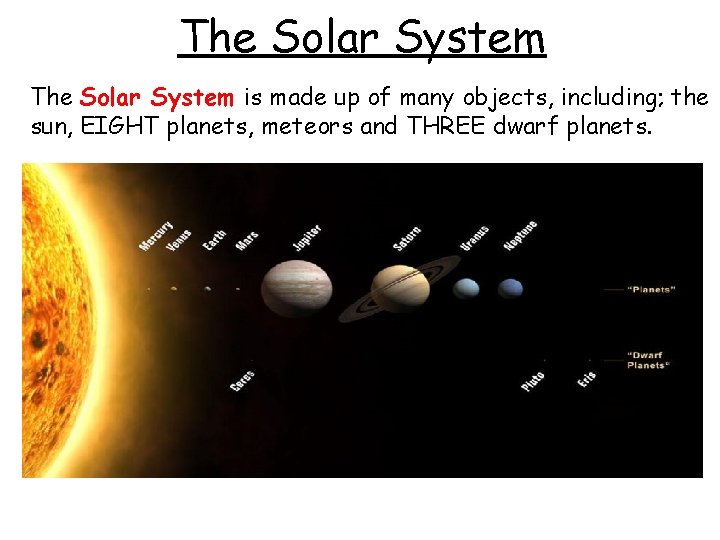 The Solar System is made up of many objects, including; the sun, EIGHT planets,
