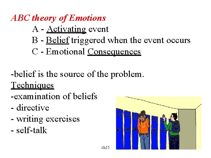 ABC theory of Emotions A - Activating event B - Belief triggered when the