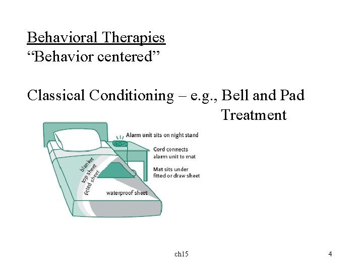 Behavioral Therapies “Behavior centered” Classical Conditioning – e. g. , Bell and Pad Treatment