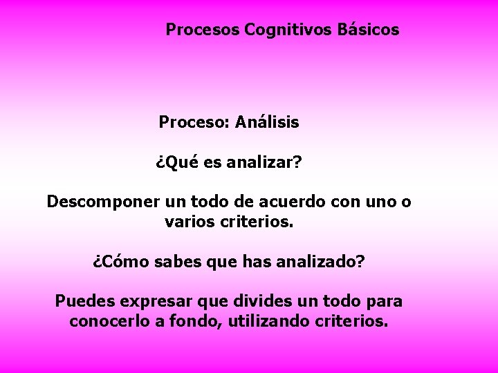 Procesos Cognitivos Básicos Proceso: Análisis ¿Qué es analizar? Descomponer un todo de acuerdo con