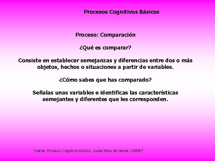 Procesos Cognitivos Básicos Proceso: Comparación ¿Qué es comparar? Consiste en establecer semejanzas y diferencias