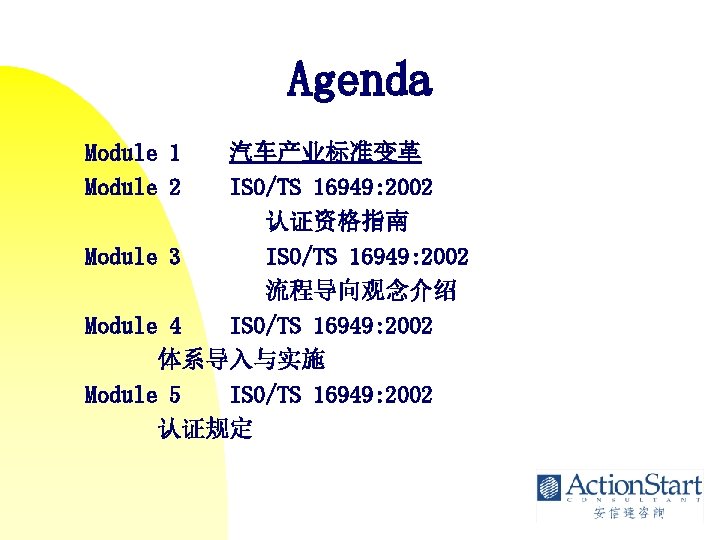 Agenda Module 1 Module 2 汽车产业标准变革 ISO/TS 16949: 2002 认证资格指南 Module 3 ISO/TS 16949: