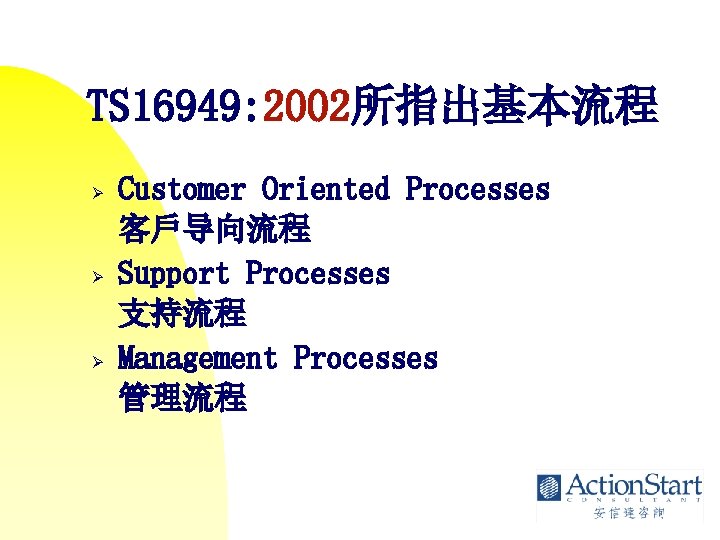 TS 16949: 2002所指出基本流程 Ø Ø Ø Customer Oriented Processes 客戶导向流程 Support Processes 支持流程 Management