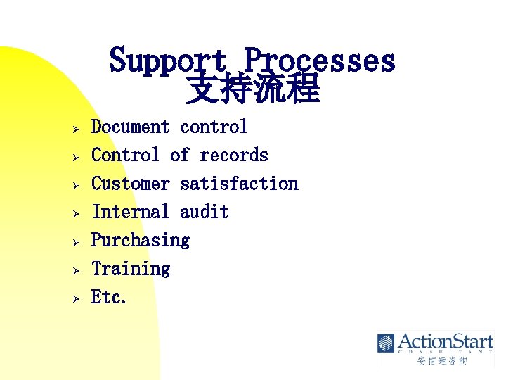 Support Processes 支持流程 Ø Ø Ø Ø Document control Control of records Customer satisfaction