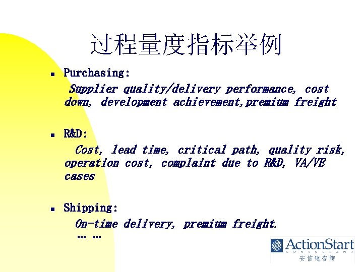 过程量度指标举例 n Purchasing: Supplier quality/delivery performance, cost down, development achievement, premium freight n R&D: