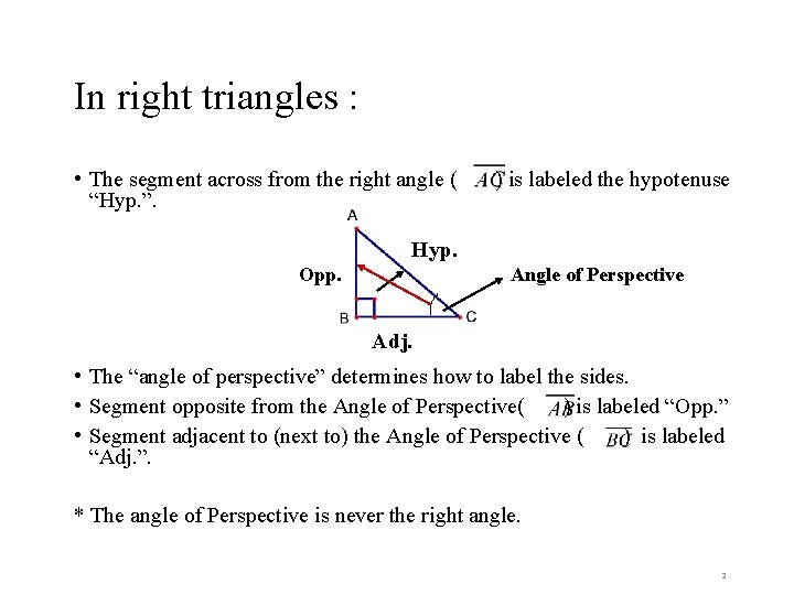 In right triangles : • The segment across from the right angle ( “Hyp.