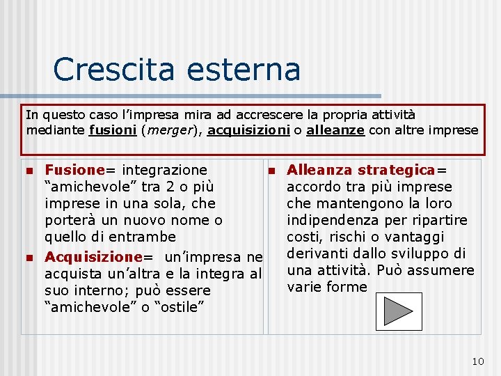 Crescita esterna In questo caso l’impresa mira ad accrescere la propria attività mediante fusioni