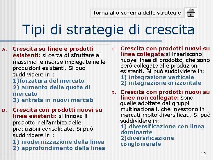 Torna allo schema delle strategie Tipi di strategie di crescita A. B. Crescita su