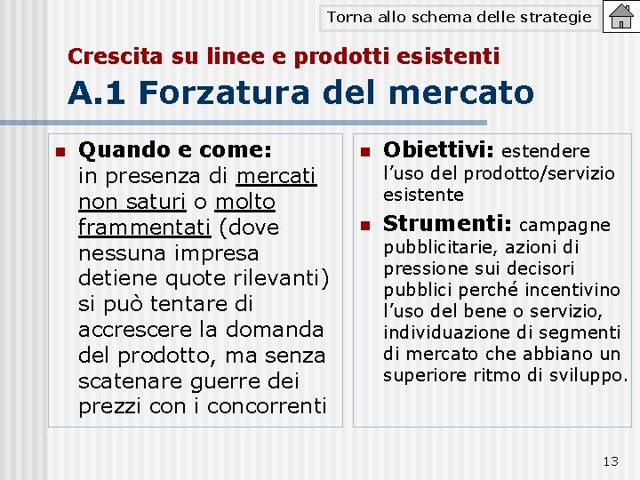 Torna allo schema delle strategie Crescita su linee e prodotti esistenti A. 1 Forzatura