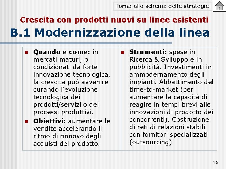 Torna allo schema delle strategie Crescita con prodotti nuovi su linee esistenti B. 1