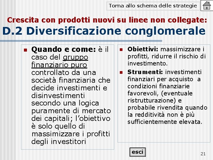 Torna allo schema delle strategie Crescita con prodotti nuovi su linee non collegate: D.