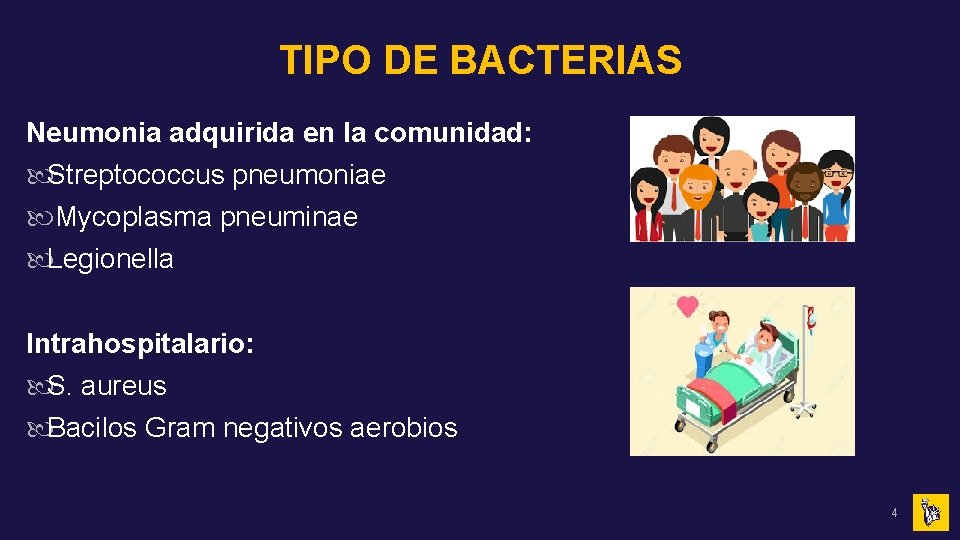 TIPO DE BACTERIAS Neumonia adquirida en la comunidad: Streptococcus pneumoniae Mycoplasma pneuminae Legionella Intrahospitalario: