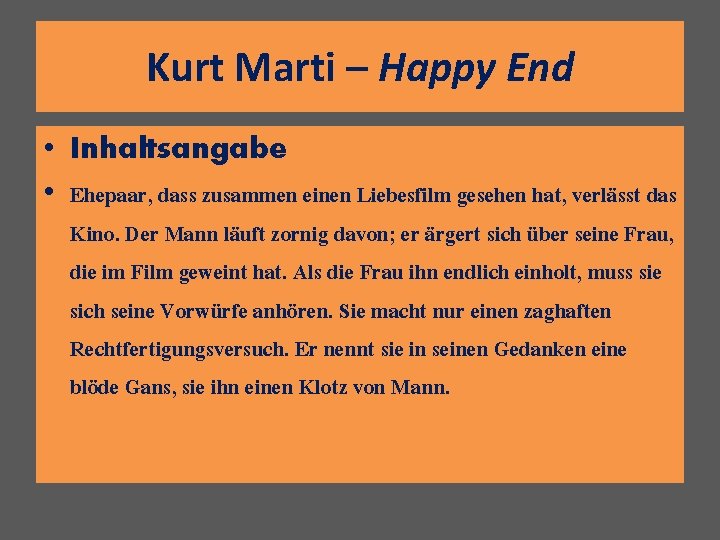 Kurt Marti – Happy End • Inhaltsangabe • Ehepaar, dass zusammen einen Liebesfilm gesehen