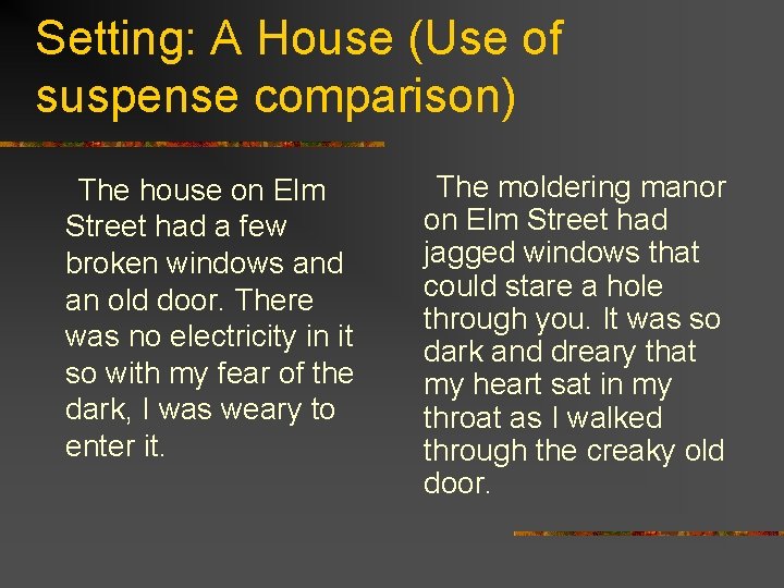 Setting: A House (Use of suspense comparison) The house on Elm Street had a