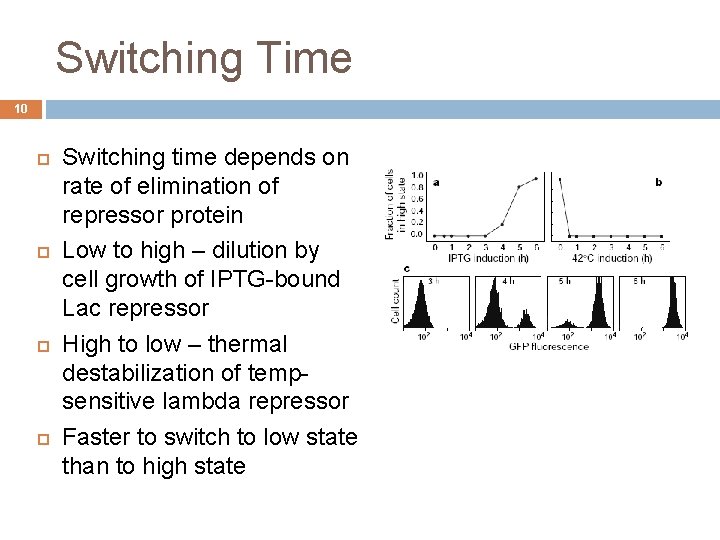 Switching Time 10 Switching time depends on rate of elimination of repressor protein Low