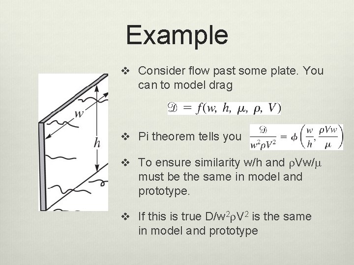 Example v Consider flow past some plate. You can to model drag v Pi