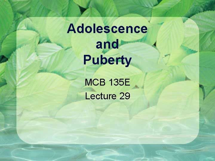 Adolescence and Puberty MCB 135 E Lecture 29 