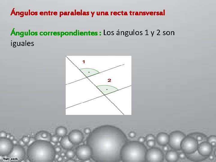Ángulos entre paralelas y una recta transversal Ángulos correspondientes : Los ángulos 1 y