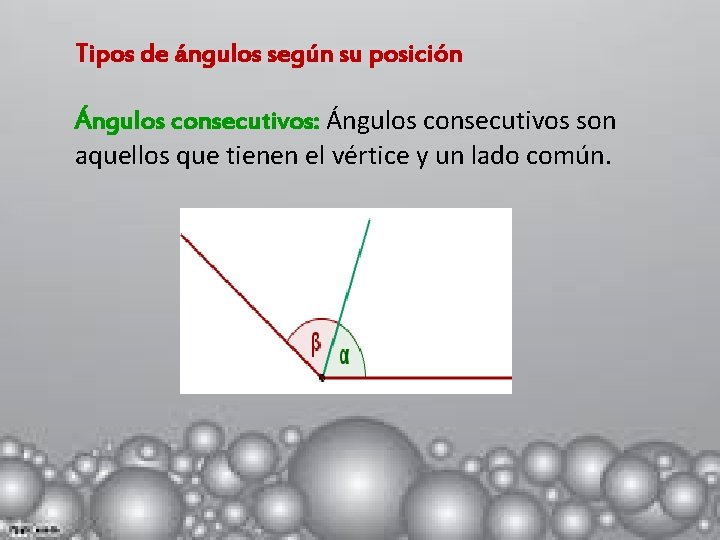 Tipos de ángulos según su posición Ángulos consecutivos: Ángulos consecutivos son aquellos que tienen
