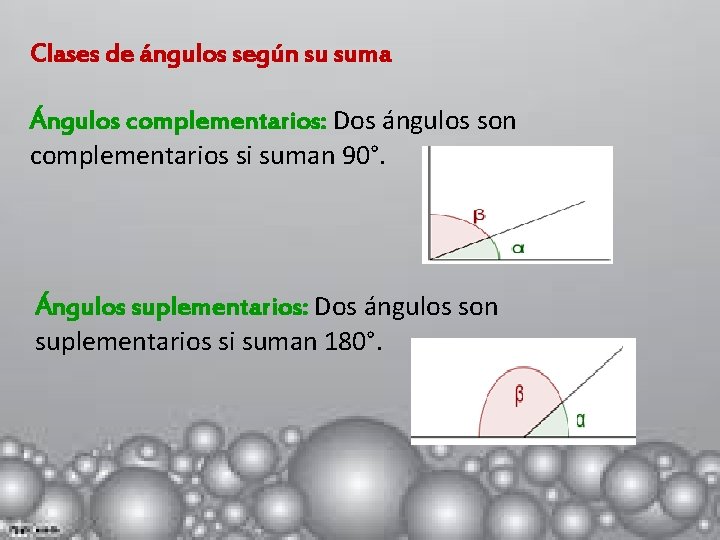Clases de ángulos según su suma Ángulos complementarios: Dos ángulos son complementarios si suman